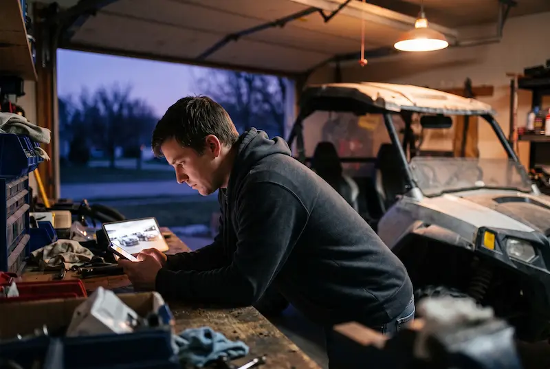 Rider in a garage at dusk scrolling new machines on a phone, with a faded side-by-side behind