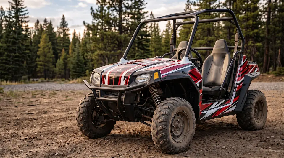 After: the same side-by-side with a bold red, black and white graphic kit, looking new at the trailhead
